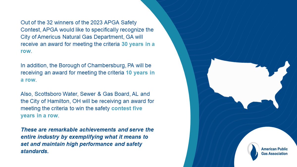 Congratulations to all 32 winners of the 2023 APGA Safety Contest! These gas systems highlight the dedication of APGA members to maintaining the highest safety standards within their system, their communities, and in the natural gas industry. More: http://apga.org/programs/award…