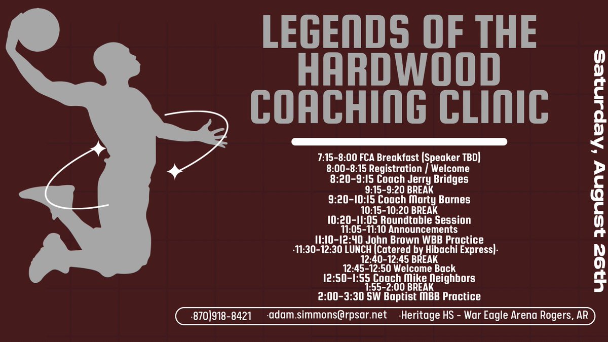 <a href="/Hoops_WarEagle/">Heritage_WarEagle_Hoops</a>
#WE&gt;me #W.E.Family #SoarHERE #HeritageMADE #OnTheHUNT #OneTEAMOneFLIGHT
<a href="/war_heritage/">Heritage Athletics</a>
<a href="/RogersHeritage/">Rogers Heritage High School</a>
<a href="/KarenOlsen7/">Karen Olsen</a> <a href="/Jodyepool/">Jodye Pool</a>
<a href="/CoachOWarEagle/">Tom Olsen</a>
<a href="/LingleLions/">Lingle Lions</a> <a href="/mthompson_3/">Mitch Thompson</a>
<a href="/ChipWellgreen/">Chip Greenwell</a>
<a href="/HoopsOakdale/">Oakdale Boys Basketball</a>
<a href="/CoachReedSmith/">Reed Smith</a>
<a href="/LMSBoysBB/">Lingle Lions Basketball</a>
2nd Annual #LegendsoftheHardwood Clinic
