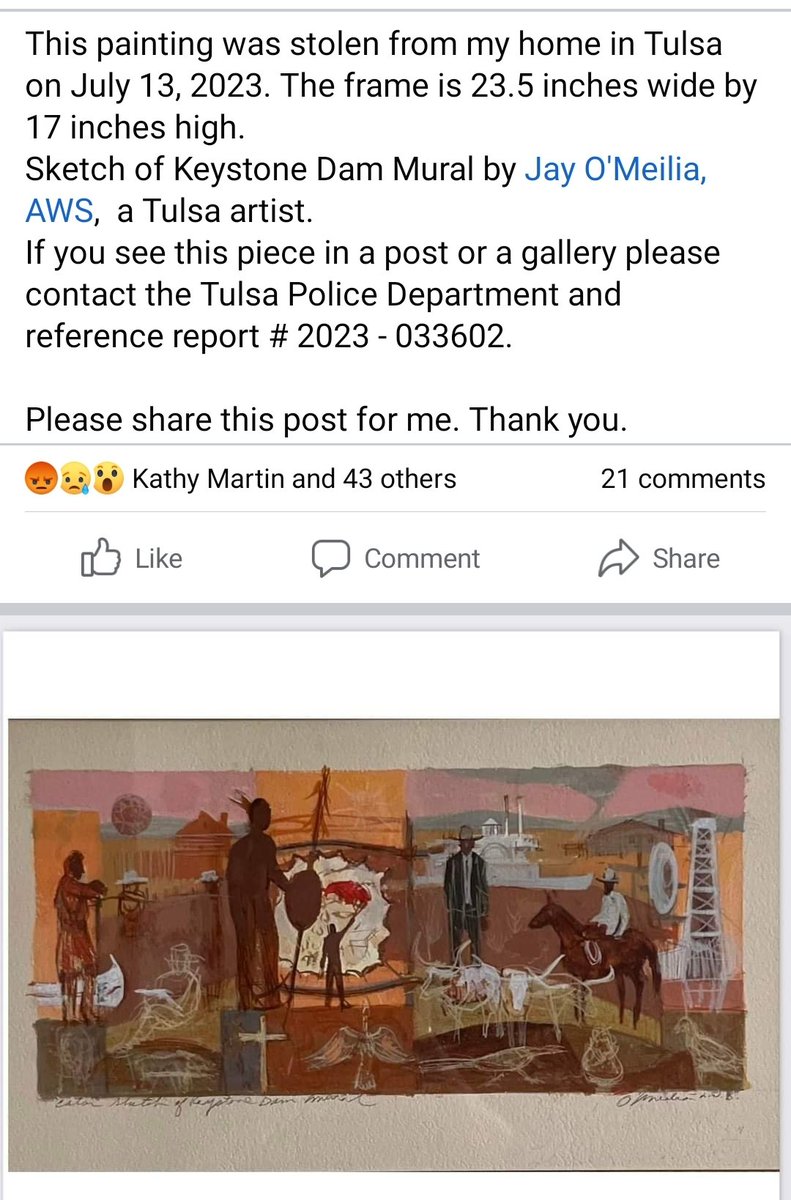 A painting was stolen from my aunt's home during an estate sale. It's a very famous Tulsa artist and she is heartbroken. <a href="/Philbrook/">Philbrook Museum of Art</a> be on the look out 😡