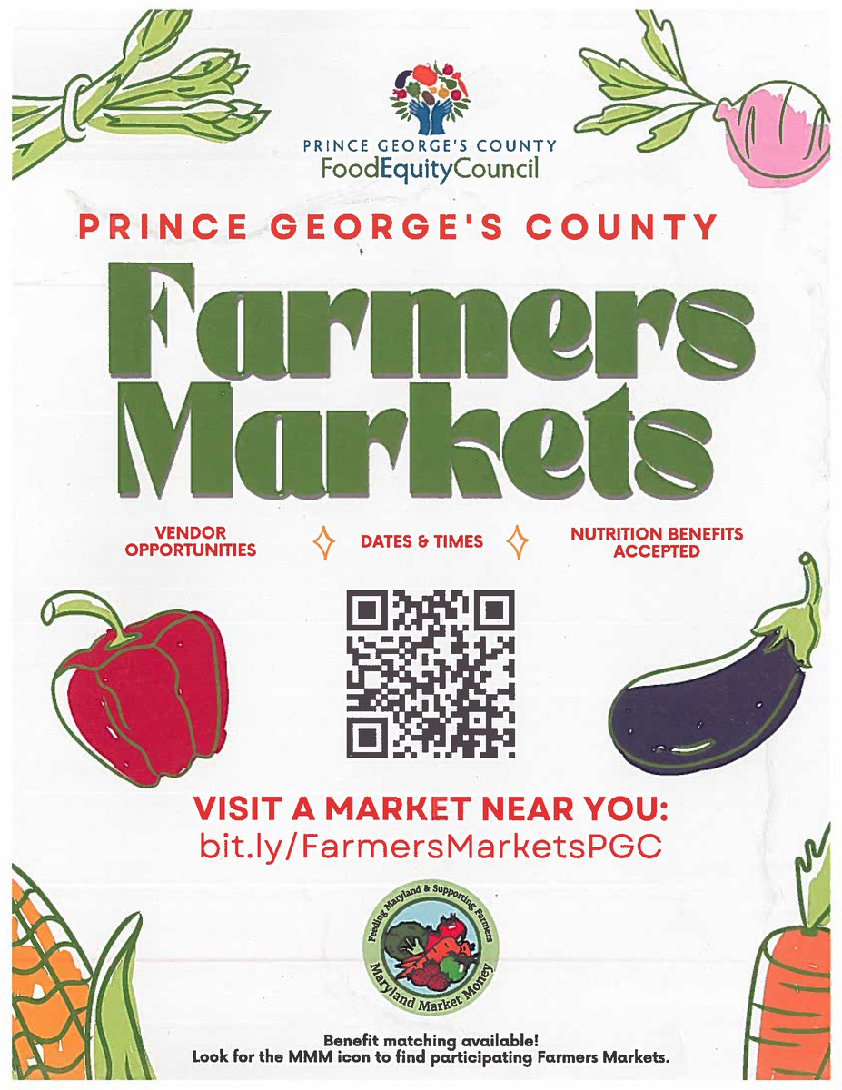 Missing the fresh atmosphere of local Farmer’s Markets? The Prince George’s County Food Quality Council has you covered! Follow the link in the flyer to get the information you need to attend your local Farmer’s Market, or even become a vendor. Any and all support is welcome!