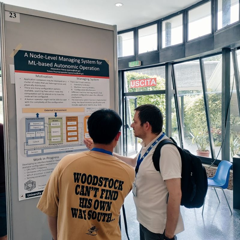 mlsysops's tweet photo. Computer System Lab at #UTH participated in #ACACES2023 Summer School, organized by @hipeac. @alpatras presented a poster for the ongoing work related to ML-based autonomic operation at the Node level of the Device-Edge-Cloud #continuum. 
#mlsysops @EU_CloudEdgeIoT https://t.co/waJzQVSyYx