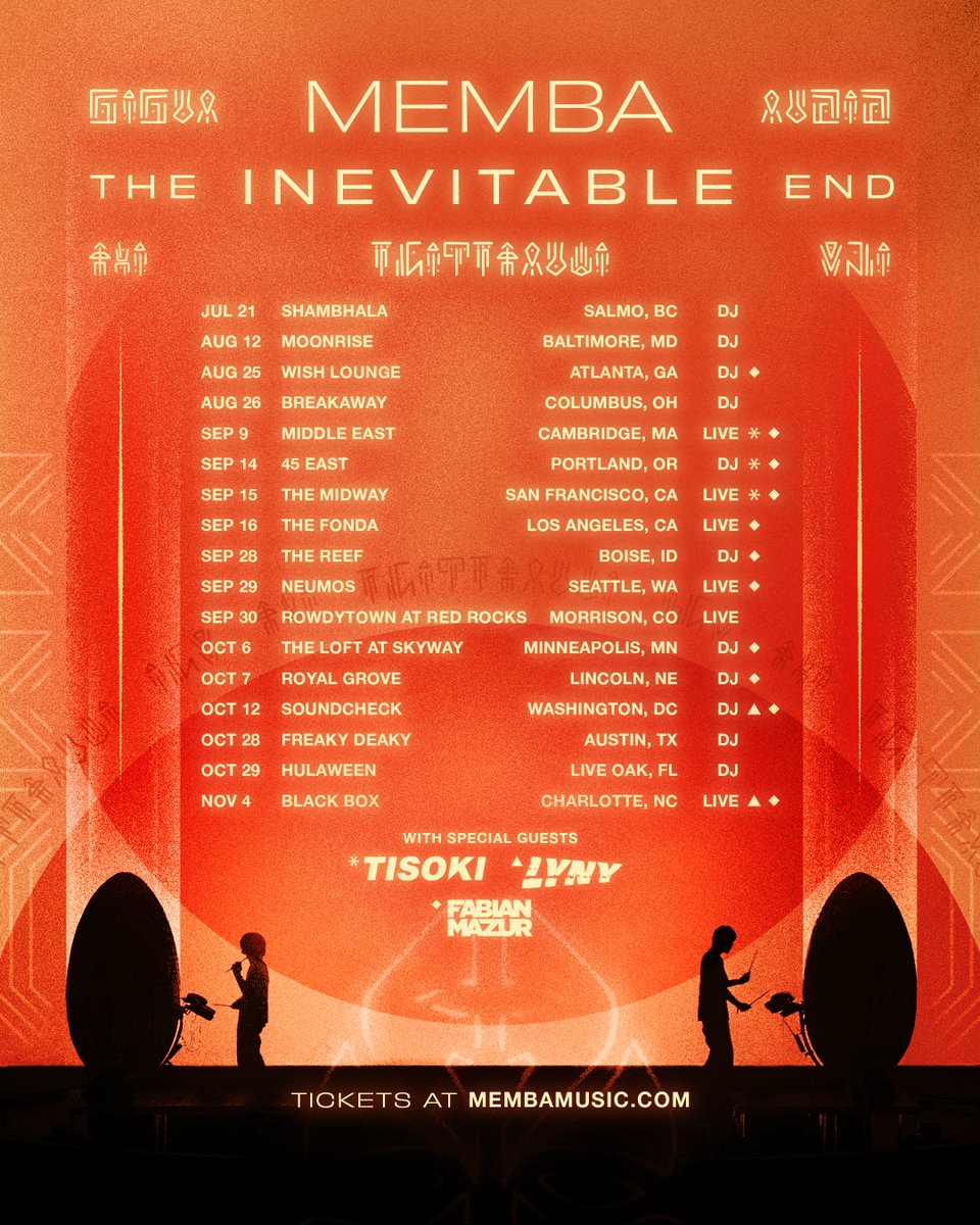 very excited to announce the final stretch of THE INEVITABLE END TOUR 📷 this is the last time we are touring with this live setup before a big change.. tell ur rowdiest mates presale begins tomorrow 7.19 at 10am local. Go to laylo.com/memba/inevitab… to receive the presale code