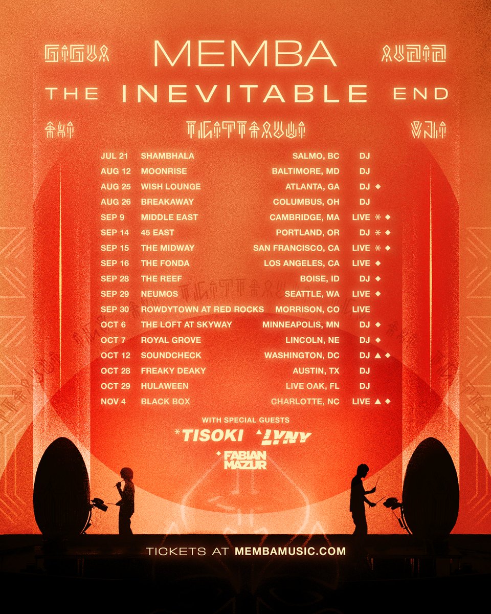 membamusic's tweet photo. very excited to announce the final stretch of THE INEVITABLE END TOUR 📷

this is the last time we are touring with this live setup before a big change.. tell ur rowdiest mates

presale begins tomorrow 7.19 at 10am local. Go to https://t.co/MyC20Lebqe to receive the presale code https://t.co/xk0lxJaMl4
