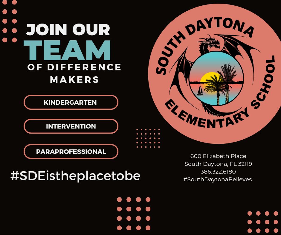 We are looking for difference makers to join our amazing team of educators.
<a href="/carrieadevaney/">Carrie Devaney</a> <a href="/JilkaJane/">JaneJilka</a> <a href="/VolusiaRecruits/">Volusia Recruits</a> 
#SDEistheplacetobe
#SouthDaytonabelieves