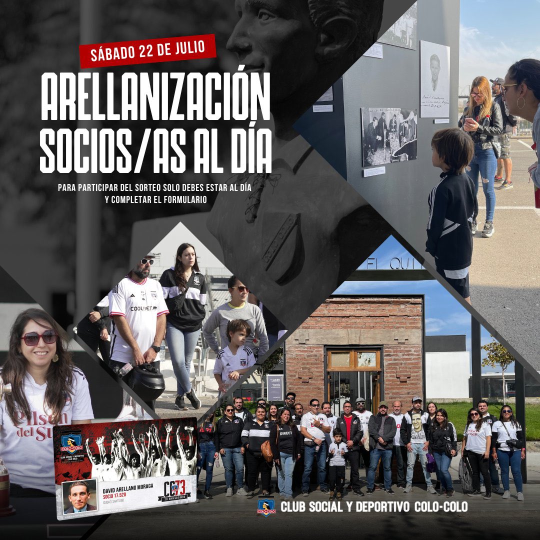 CSDColoColo's tweet photo. 𝐀𝐫𝐞𝐥𝐥𝐚𝐧𝐢𝐳𝐚𝐜𝐢𝐨́𝐧 𝐩𝐚𝐫𝐚 𝐬𝐨𝐜𝐢𝐨𝐬 𝐲 𝐬𝐨𝐜𝐢𝐚𝐬 🤩 Recuerda que este sábado 22 de julio tendremos una nueva arellanización para socios y socias en el Estadio Monumental 🤍 

✍️ Para participar sólo debes estar al día en tus cuotas e inscribirte en el siguiente formulario: https://t.co/KZtpfjbNKz

Son cupos limitados 🤞🏽¡Te esperamos!