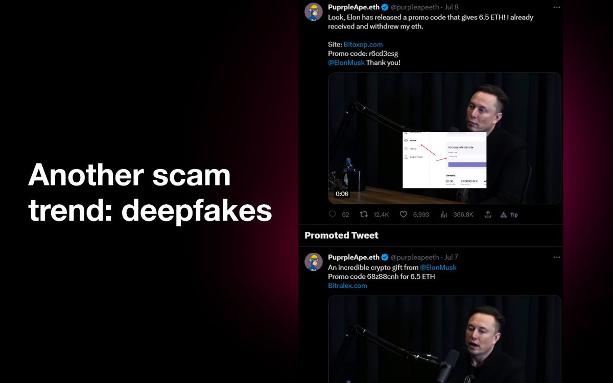 SafeSoulETH's tweet image. 1/7 🚨Attention! An alarming trend has reemerged in the web3 landscape. Scammers are using a convincing deepfake video of @elonmusk to endorse fake cryptocurrency exchanges via the now-deactivated @purpleapeeth Twitter handle, garnering thousands of retweets from bot accounts.