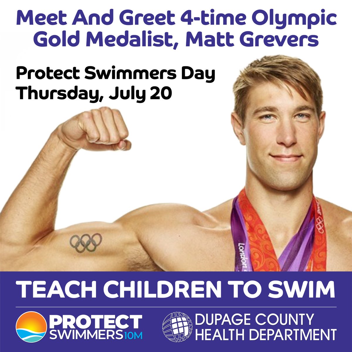 This Thursday July 20th, meet 4-time Olympic gold medalist Matt Grevers! 🥇 He will be at the PS10M Water Safety Event taking place at the Oak Brook Park District! To register for the event, please follow this link tinyurl.com/amvwx6pe.