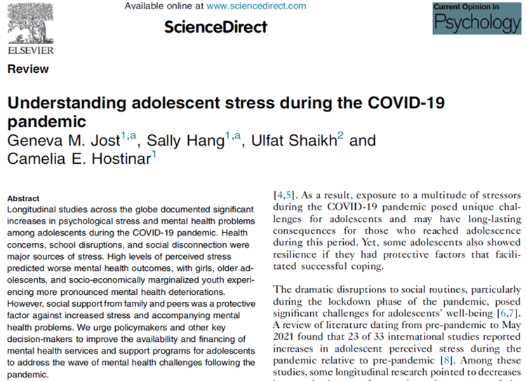 Ulfat_Shaikh's tweet photo. Teens dealt with some serious mental health issues during the past 3 years with social isolation and decreased health care access. What helped, what hurt? Read our article hot off the press, "Understanding adolescent stress during the COVID-19 pandemic". https://t.co/8L69a8cq9o https://t.co/IqalOEcx1F