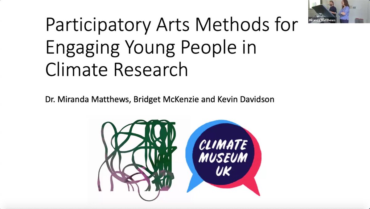 EiP Day 2, CAL and @ClimateMuseumUK presented findings from Ecologies in Practice Participatory Arts Methods for Engaging Young People in Climate Research. Miranda Matthews PI @randamaths, project partner Bridget McKenzie @bridgetmck and practice researcher Kevin Davidson here. https://t.co/1FQOqWugGS