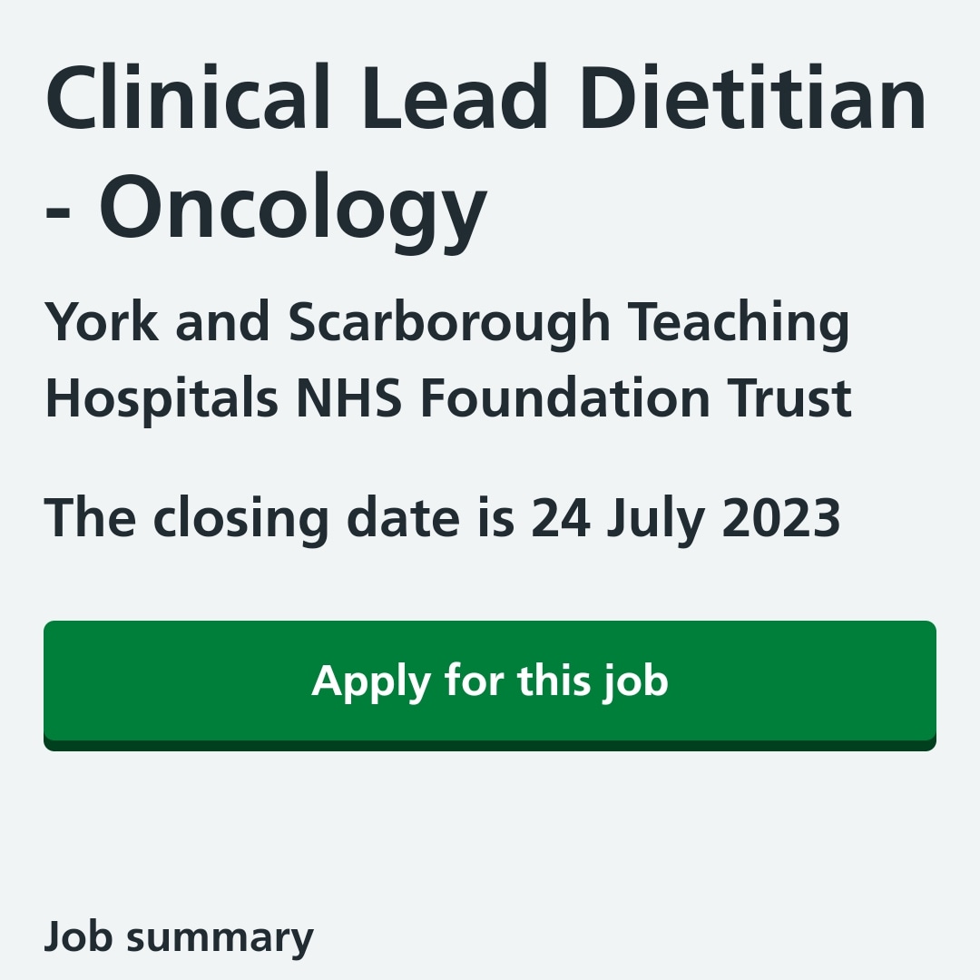 Y&STHDietitians (@ysth_dietitian) on Twitter photo A maternity leave has created an exciting opportunity in Oncology.
<a href="/BDA_Oncology/">BDA Oncology Specialist Group</a> <a href="/BDA_HeadandNeck/">BDA Head & Neck subgroup</a> <a href="/BDAyorkshire/">BDA Yorkshire Branch</a> <a href="/YSTeachingNHS/">York and Scarborough Teaching Hospitals NHS FT</a> <a href="/YS_AHPs/">YSTeachingNHS_AHPs</a> #wearedietetics #YorkScarboroughDietitian
jobs.nhs.uk/candidate/joba… A maternity leave has created an exciting opportunity in Oncology.
<a href="/BDA_Oncology/">BDA Oncology Specialist Group</a> <a href="/BDA_HeadandNeck/">BDA Head & Neck subgroup</a> <a href="/BDAyorkshire/">BDA Yorkshire Branch</a> <a href="/YSTeachingNHS/">York and Scarborough Teaching Hospitals NHS FT</a> <a href="/YS_AHPs/">YSTeachingNHS_AHPs</a> #wearedietetics #YorkScarboroughDietitian
jobs.nhs.uk/candidate/joba…