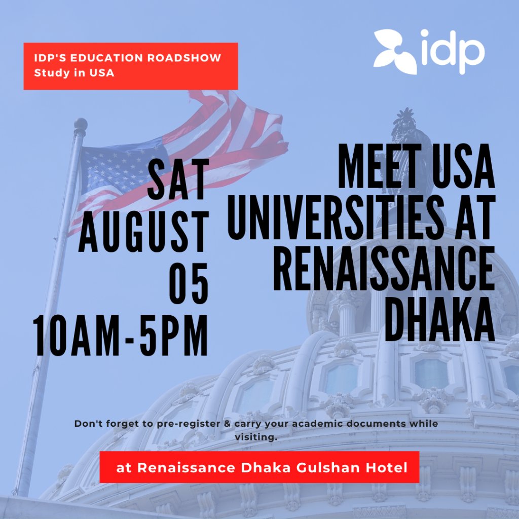 IDPEducationBD's tweet photo. Don't miss the chance to meet USA universities at Gulshan this August. Visit Renaissance Dhaka Gulshan Hotel on Sat, Aug 05. Register now https://t.co/x5fq1VE06K

BD ✈ USA

#Bangladesh #IELTS #StudyinUS #Dhaka #HigherEducation https://t.co/8anTZVrteL