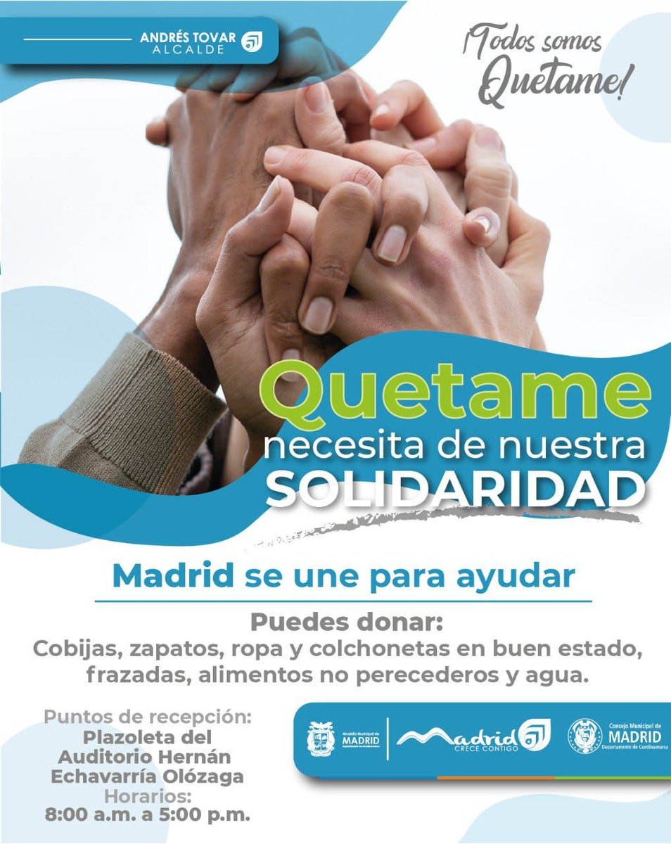 Madrid se une en solidaridad con nuestros hermanos de #Quetame, afectados por la avalancha ocurrida en ese municipio. 
Todos invitados a donar los elementos necesarios para apoyar a tantas personas que en este momento requieren de estas ayudas.