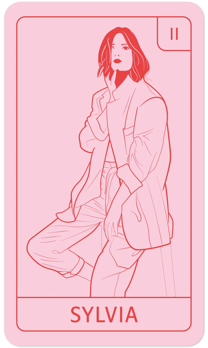 Tarot Card with a line drawing of a figure of a person with feminine physique and dressed in pants and a large coat and dark straight hair