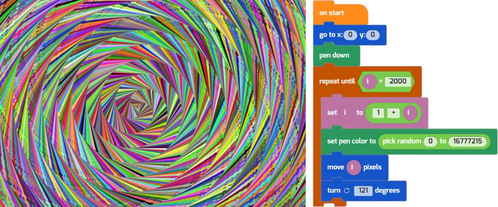 gotynker's tweet photo. Did you know that you can use Tynker to create colorful, original drawings? This complex, spiraling image was created with just a handful of code blocks using Tynkerโs Pen.
Read more here: https://t.co/n2DG2FwOHz
#Tynker #toolbox #createwithcode #learntocode #codingforkids https://t.co/k9h2ffrQp2