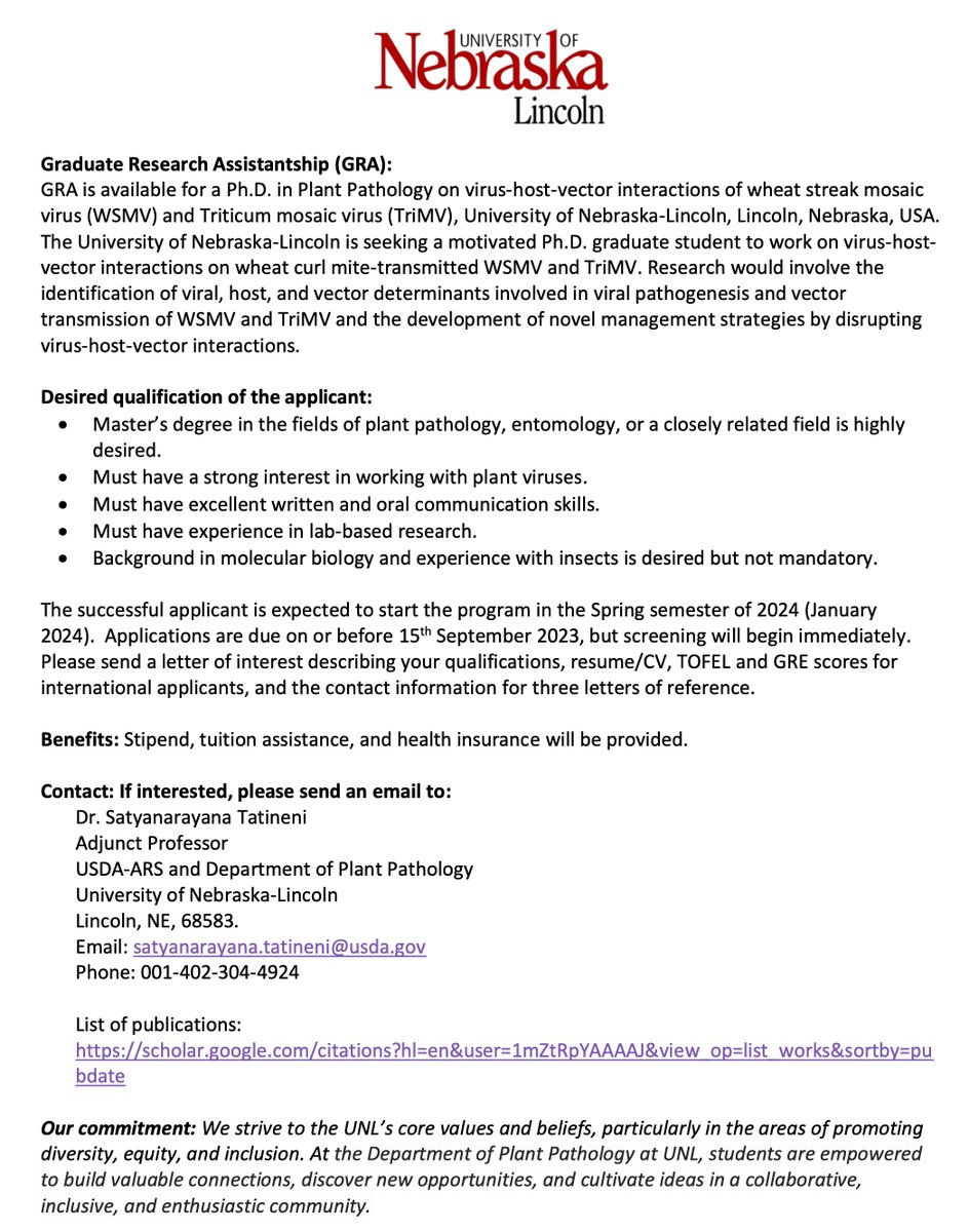 There's an opening for a PhD student in the wheat virology program at the University of Nebraska-Lincoln with a focus on virus-host-vector interactions. Please reach out to Dr. Tatineni via email if interested. Applications due by Sept 15th (more info and email address below) 👇