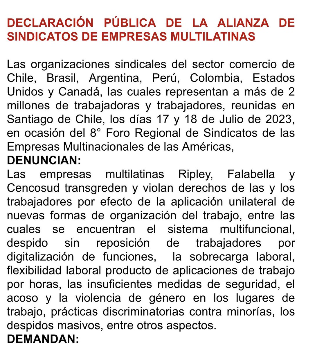 ATComer_'s tweet photo. DECLARACIÓN PÚBLICA DE LA ALIANZA DE SINDICATOS DE EMPRESAS MULTILATINAS https://t.co/jlzna6CWlB