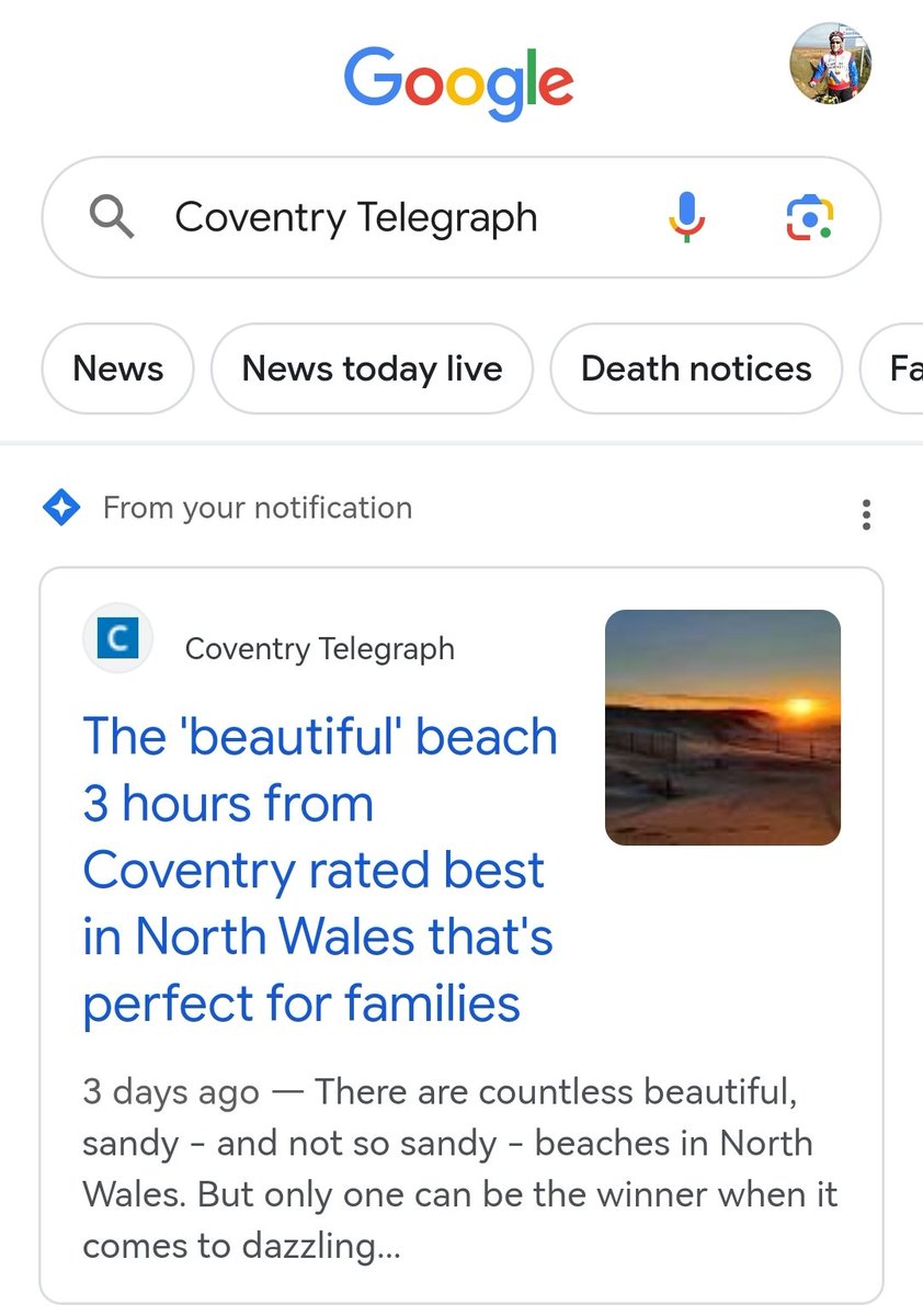 Sheff01's tweet photo. Bizarre @Google news feed notification of the day! Cos if I was considering a move to Coventry of course it would be its renowned proximity to good beaches that would clinch the deal. @covtelegraph https://t.co/XZxNsq5axF