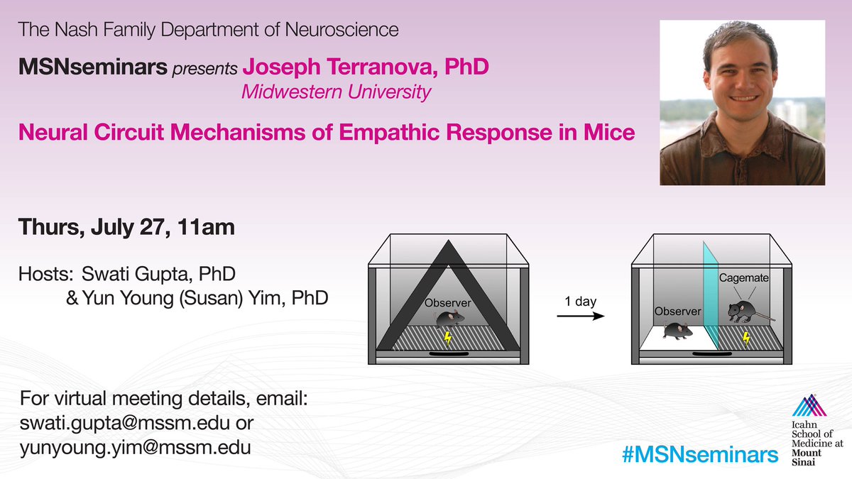 📢🗓 MARK YOUR CALENDAR for our next #MSNseminars on July 27, 11am. 

<a href="/NeuroSwatiG/">Swati Gupta</a> and I are excited to host  <a href="/jiterranova/">Joe Terranova</a>, who will talk about his research on Neural circuit mechanisms of empathic response in mice‼️
Don’t forget to register for lunch and happy hour❗️
