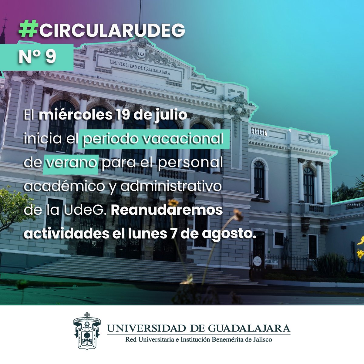 Mañana inicia el periodo vacacional de verano para todo el personal académico y administrativo de la #RedUdeG.    
¡Les deseamos felices vacaciones! nos vemos el 7 agosto.