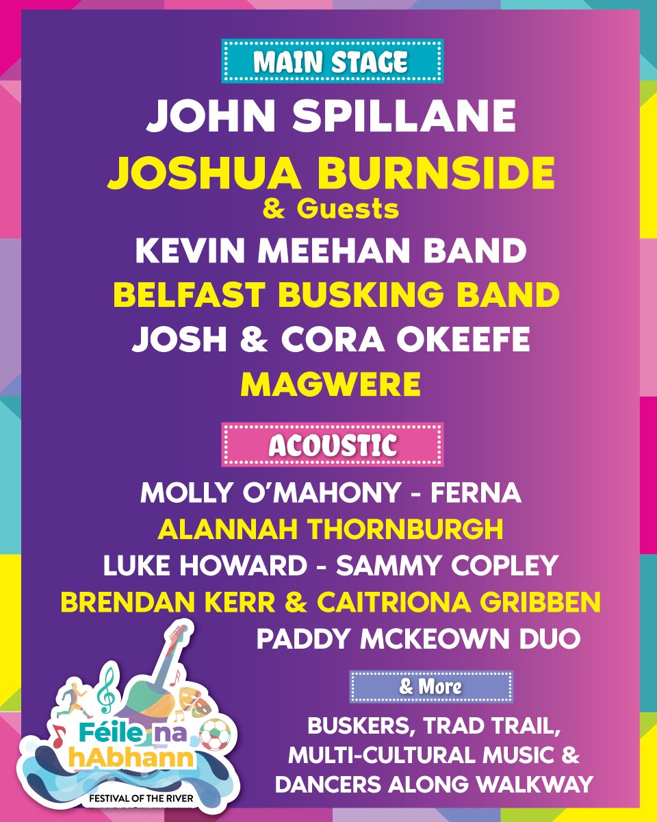 𝗠𝘂𝘀𝗶𝗰 𝗟𝗶𝗻𝗲𝘂𝗽 🎶 Sunday 6th August ⏰ 11am - 4pm 🎟️ FREE! What a great variety of music from across the island we have to play @feilenahabhann's big family fun day event on the banks of the River Lagan. See you there!