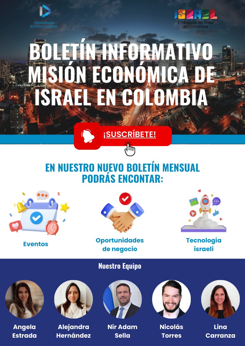 ComercioCOLISR's tweet photo. ¡Anunciamos el lanzamiento de nuestro nuevo  #newsletter 📰!

¿Qué vamos a incluir en el boletín? 
Podrás conocer más acerca de #eventos 📅 en Israel y Colombia, #oportunidades  de #negocios 🤝, #tecnología 🤖 de Israel y mucho más...

Link de suscripción: https://t.co/q6WTvHvk4F https://t.co/AoAwX9gamr