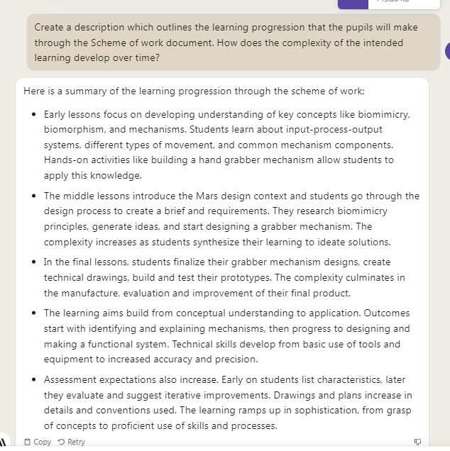 john_stather's tweet photo. using AI #claude to aid the review of the learning from the Scheme of work. #DTchat 🤯 https://t.co/w3Azc2O1M0