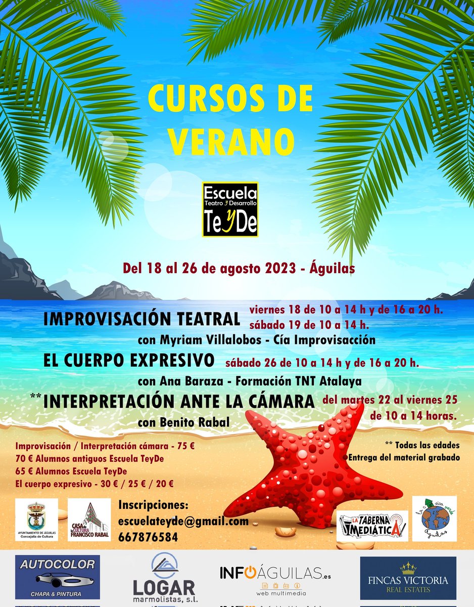 Aprovechando la pausa del FET, damos a conocer los cursos de agosto.
Del 18 al 26 de agosto.
#Águilas 
✅ Improvisación Teatral por Myriam Villalobos.
✅ Interpretación ante la Cámara por Benito Rabal.
✅ El Cuerpo Expresivo por Ana Baraza.
#Teatro