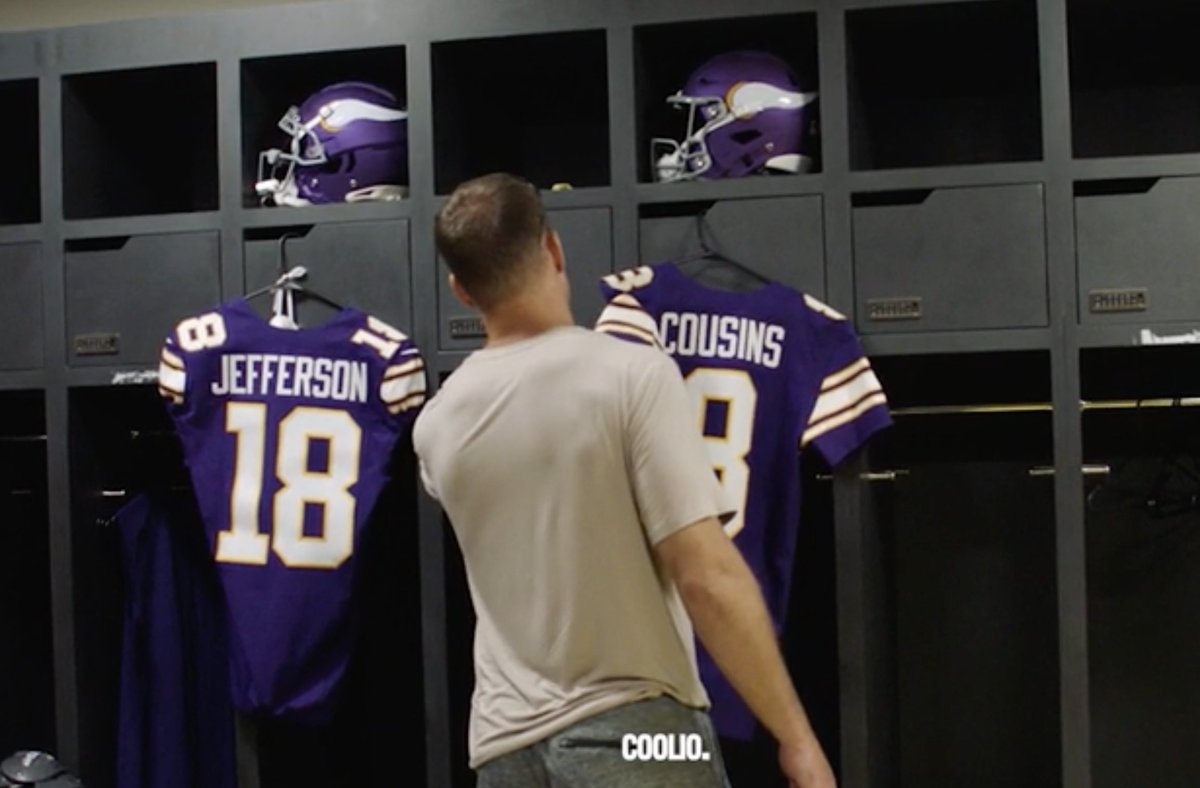 WillRagatz's tweet image. Kirk Cousins with a very Kirk Cousins reaction to the Vikings' new classic throwbacks