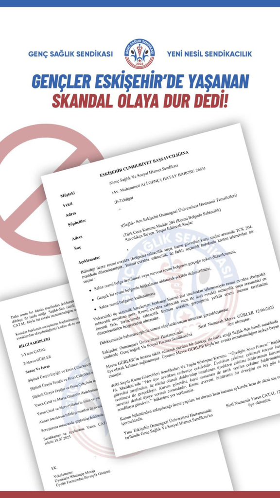 Eskişehir Osmangazi Üniversitesinde Skandal Olay ‼️

Yetkili Sendika Temsilcileri  Genç Sağlık Sendikası Üyelerinin  Adına Sahte İmza Atarak Sağlık-Sen isimli sendikaya üyelik sağlamışlardır.

KONUYU YARGIYA TAŞIDIK.

#esogüdesarıoyun 
<a href="/eskvaliligi/">T.C. Eskişehir Valiliği</a>
<a href="/ErolAyyildiztc/">Erol Ayyıldız</a>
<a href="/eskisehirism/">Eskişehir İl Sağlık Müdürlüğü</a>