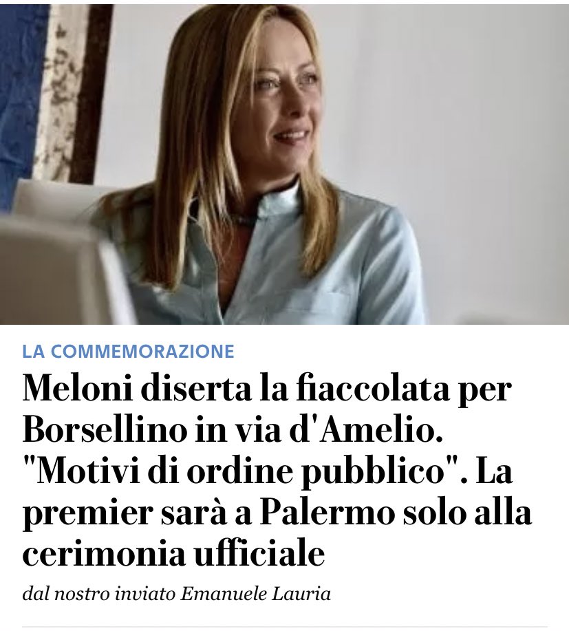 Io sono Giorgia si deve chiudere nel Palazzo 
La stampa chiusa in un vagone 
Vilipendio per un artista 
Milioni, come se piovessero, smaneggiati dalla banda della #Santanchè 

Quando si sveglia glielo dice Giovanni che siamo una Oligarchia?
 
#MATTARELLA #Borsellino #MELONIMERDA