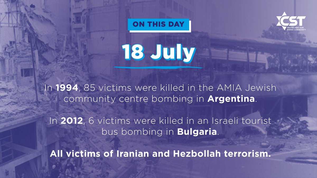CST_UK's tweet photo. On 18 July 1994, a suicide bomber detonated a large truck bomb at the AMIA Jewish community centre in Argentina, killing 85 people and injuring 150. The head of Hizbollah's Islamic Jihad Organization claimed responsibility within 24 hours of the attack. https://t.co/wKSjZCs9nO