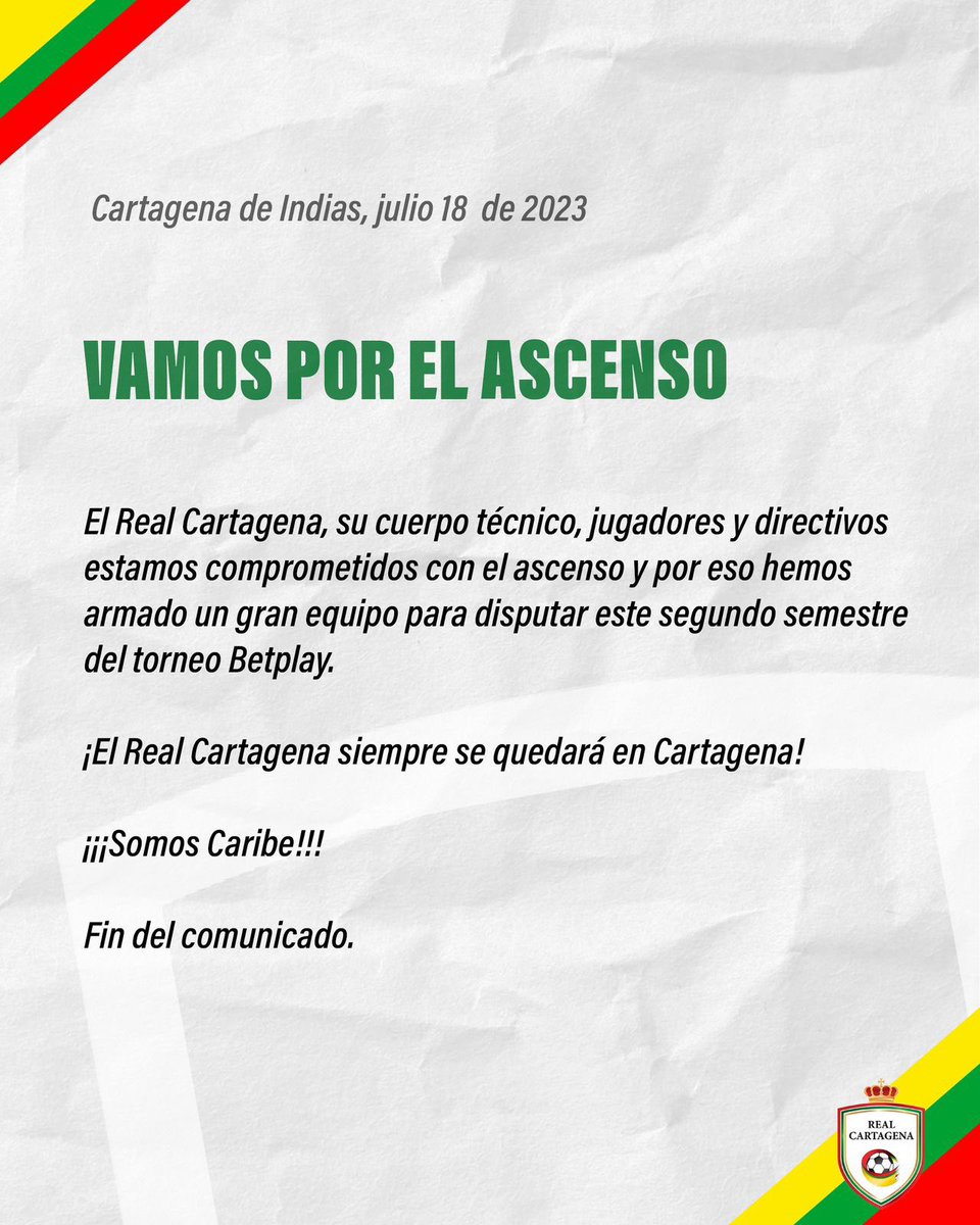 RealCartagena's tweet photo. 🔰VAMOS POR EL ASCENSO🔰

El Real Cartagena, su cuerpo técnico, jugadores y directivos estamos comprometidos con el ascenso y por eso hemos armado un gran equipo para disputar este segundo semestre del torneo Betplay.

¡El Real Cartagena siempre se quedará en Cartagena! https://t.co/NU2lqUFU1Z