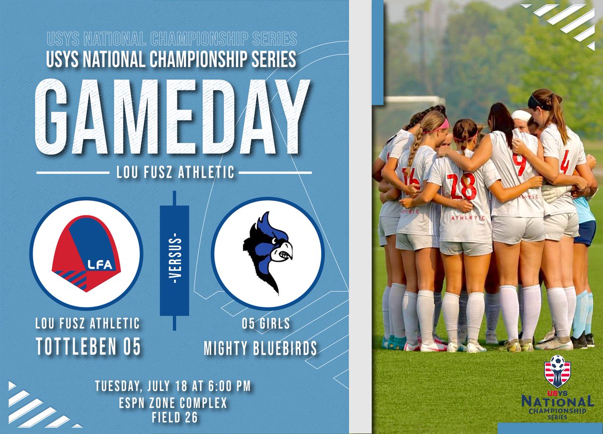 ‼️Game Day‼️

We take on the Mighty Bluebirds on day one of the USYS National Championship series 

🆚 Mighty Bluebirds (AR)
⏰ 6:00 PM EDT
📍 Orlando, FL
🏟️ ESPN Zone Complex 
⚽️ Field 26
🎥 vimeo.com/showcase/10510…

<a href="/LouFuszSoccer/">Lou Fusz Soccer Club</a> | #Foritall