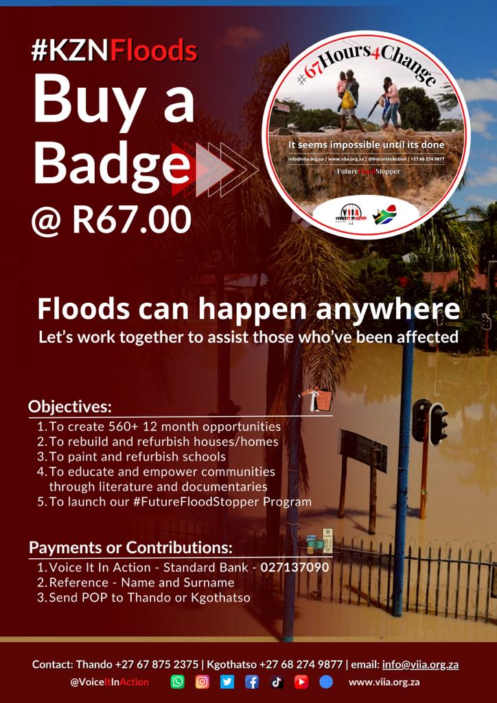 Buy a bagge and raise awareness. 

Let’s assist victims of KZN flood catastrophes together. 

Share with the #67hours4Change

Buy a bagge: forms.gle/JMLbhv1hLyMbzj…

#67Hours4Change  #VoiceItInAction #NelsonMandela #NelsonMandelaDay