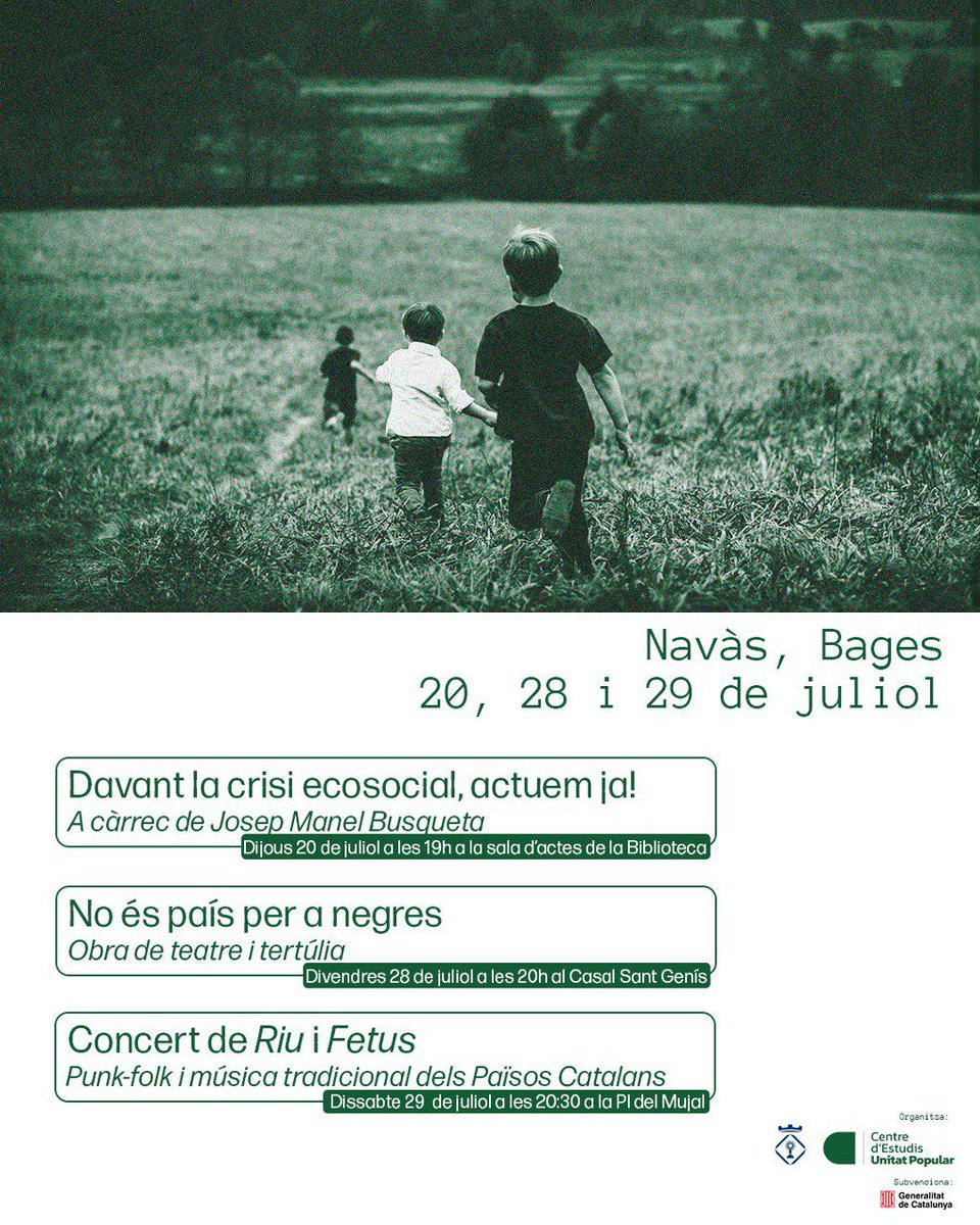 RuraliaCat's tweet photo. 🌱✨ NAVÀS

Ecologisme, antiracisme i cultura popular aquesta segona quinzena de juliol a Navàs (Bages).

Amb una xerrada sobre la crisi climàtica, teatre antiracista i concert de música popular dels Països Catalans.

Us ho perdreu? https://t.co/OGk8HpnDwY
