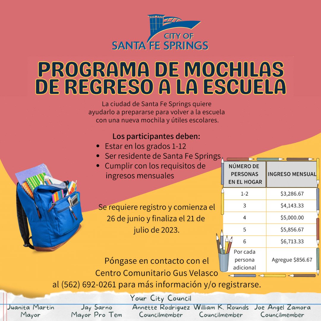LosNietosSD's tweet image. 📚🎒 ¡Residentes @CityofSFS residents, no te pierdas el Programa de Mochilas de Regreso a Clases! ¡Regístrese antes del 21 de julio y asegure este fantástico recurso para el éxito de su hijo!⏰✨

#LosNietosSD #SantaFeSprings #BackpackProgram #BackToSchool