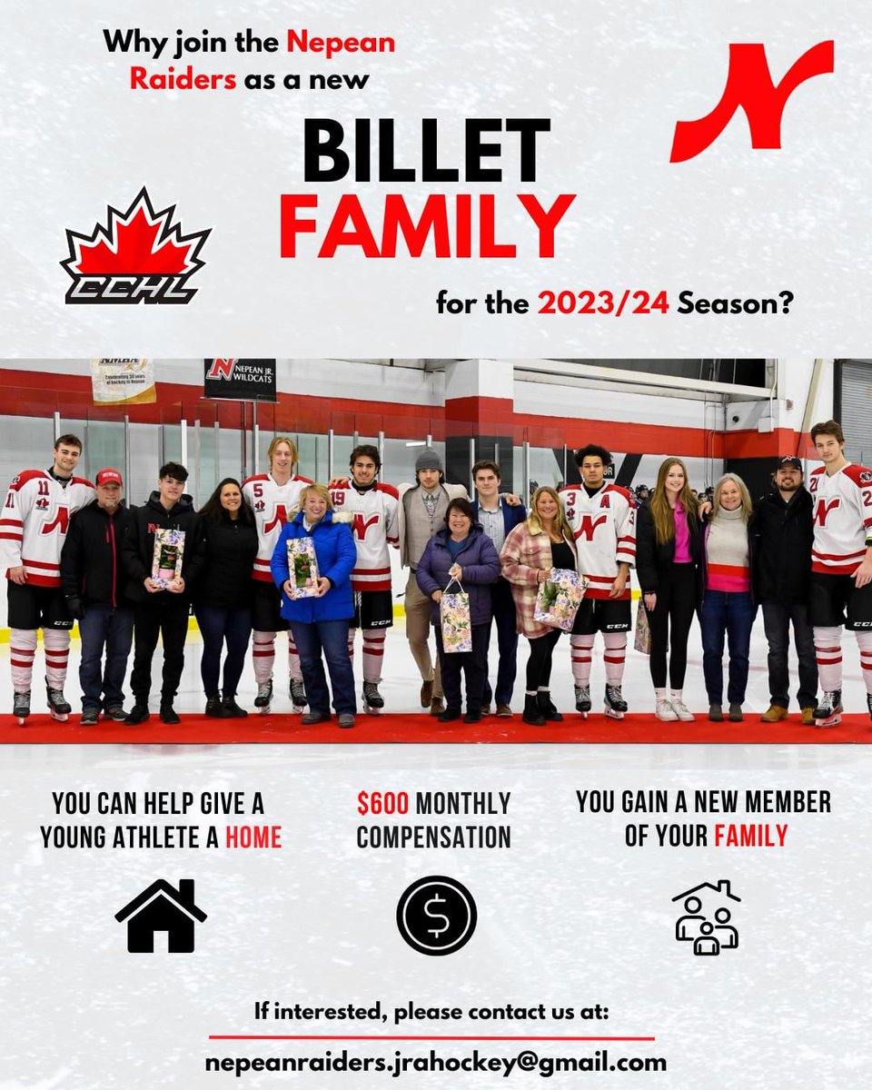 Minor Hockey families can you help support a player by being a billet home.  In turn you get a student- athlete to be a role model with your hockey playing child. Can you please share &amp; share. Thank you.  DM me if interested. <a href="/Nepeanraiders/">Nepean Raiders</a>  <a href="/infokmha/">kanata minor hockey</a> @NepeanHockey <a href="/KMHANews/">KMHA</a>