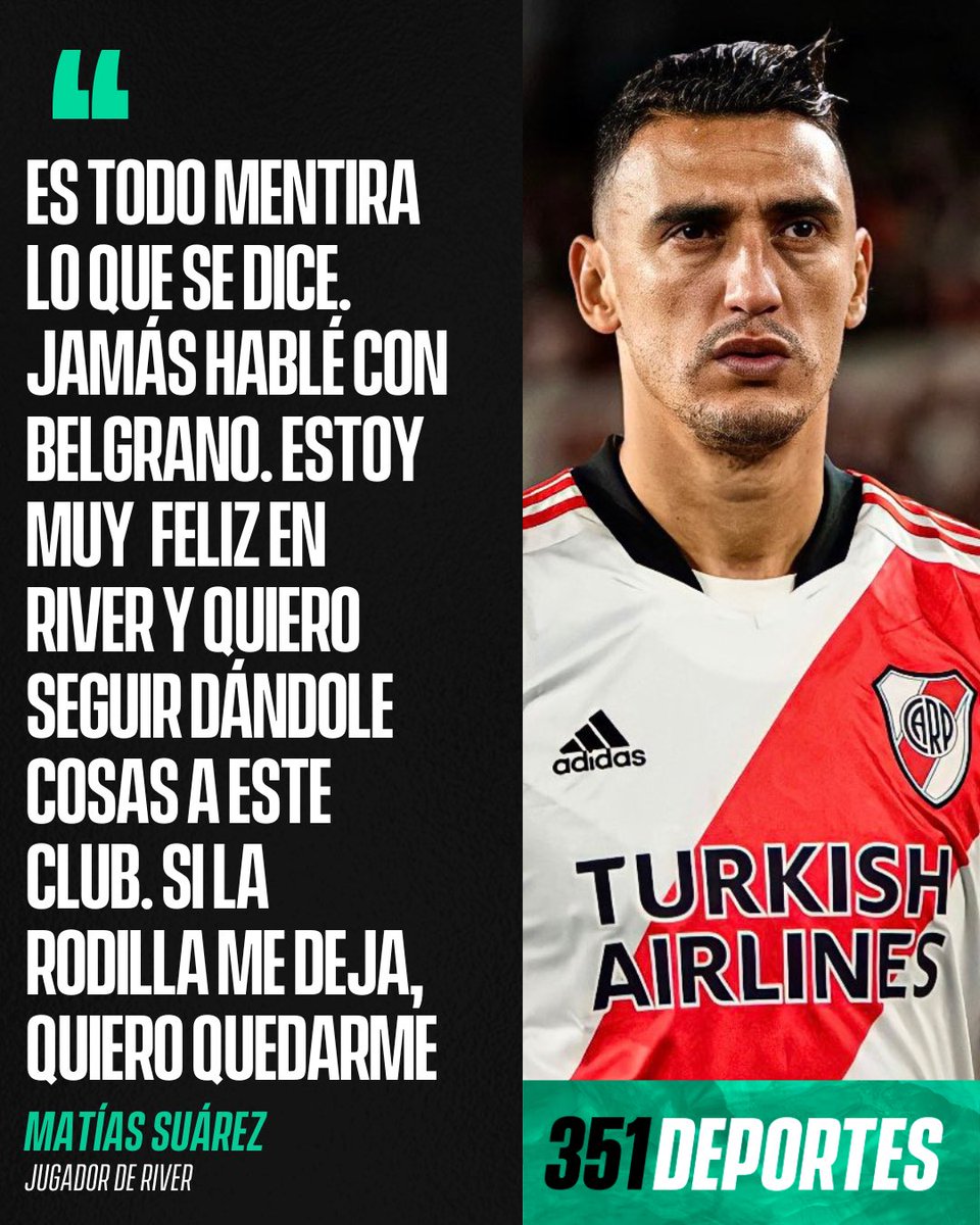 351Deportes's tweet photo. 🗣 “JAMÁS HABLÉ CON BELGRANO”

🔜 Matías Suárez dialogó junto a los colegas de @RiverLPM con respecto a su futuro en el club de Núñez. 

✍🏼 El ex #Belgrano destacó que no tuvo conversaciones con el Pirata por una posible vuelta y que su deseo es seguir vistiendo la camiseta del Millonario.