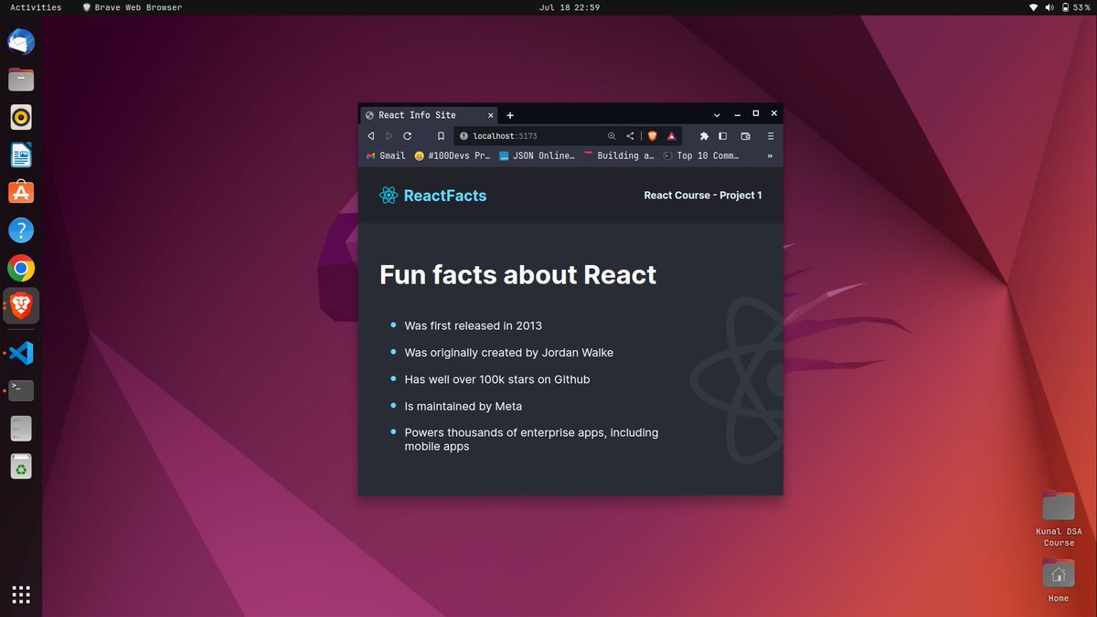 souravstwt's tweet photo. Learning React from @bobziroll and @freeCodeCamp . 
Halfway through the course, making projects and loving it. https://t.co/FnrNEsNk2K