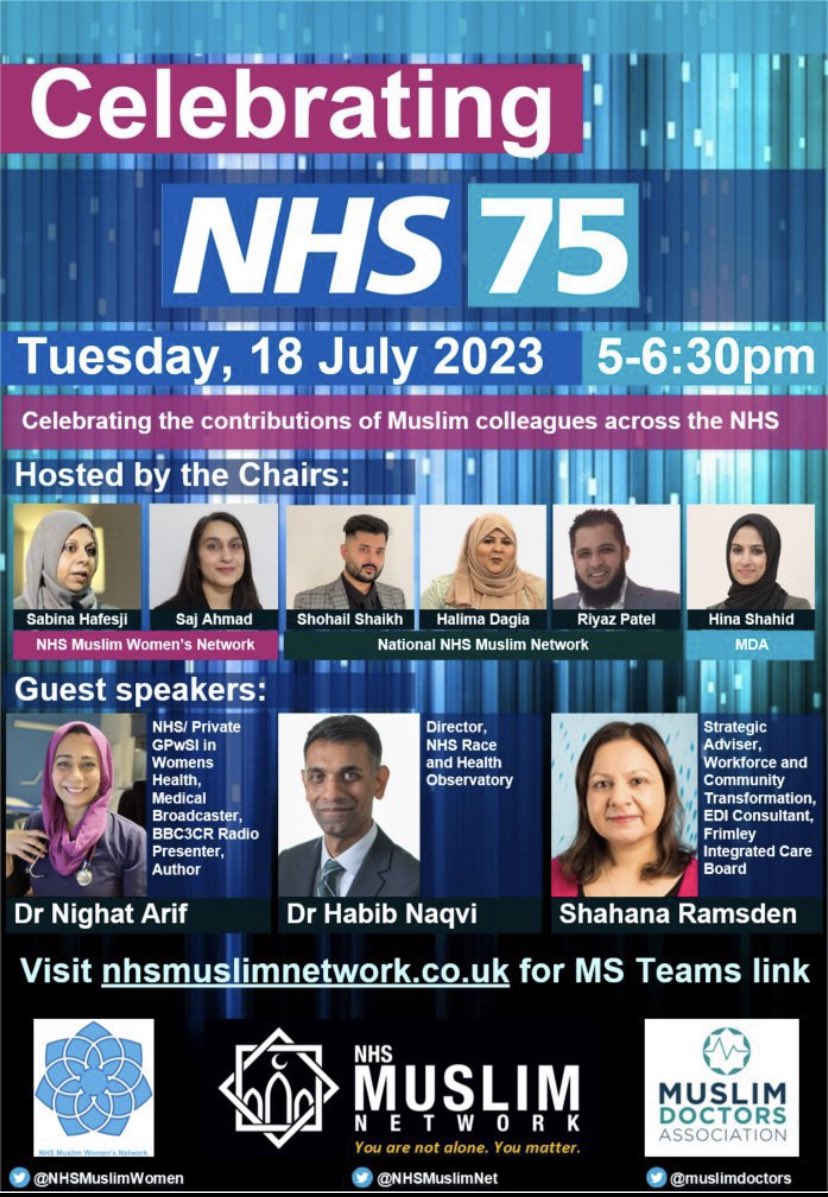 Glad I tuned into this session this evening. Great to hear from @DrNighatArif @DrHNaqvi @ShahanaRamsden @sabina_hafesji & others. @NHSMuslimWomen @NHSMuslimNet @Muslimdoctors #NHS75