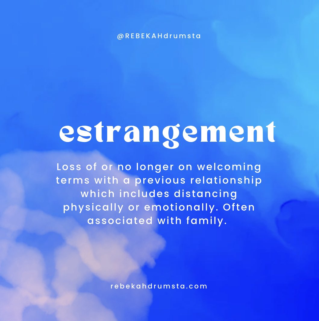 Estrangement: Loss of or no longer on welcoming terms with a previous relationship which includes distancing physically or emotionally. Often associated with family. 
-
#family #estranged #generationaltrauma #healing #boundaries #religioustrauma