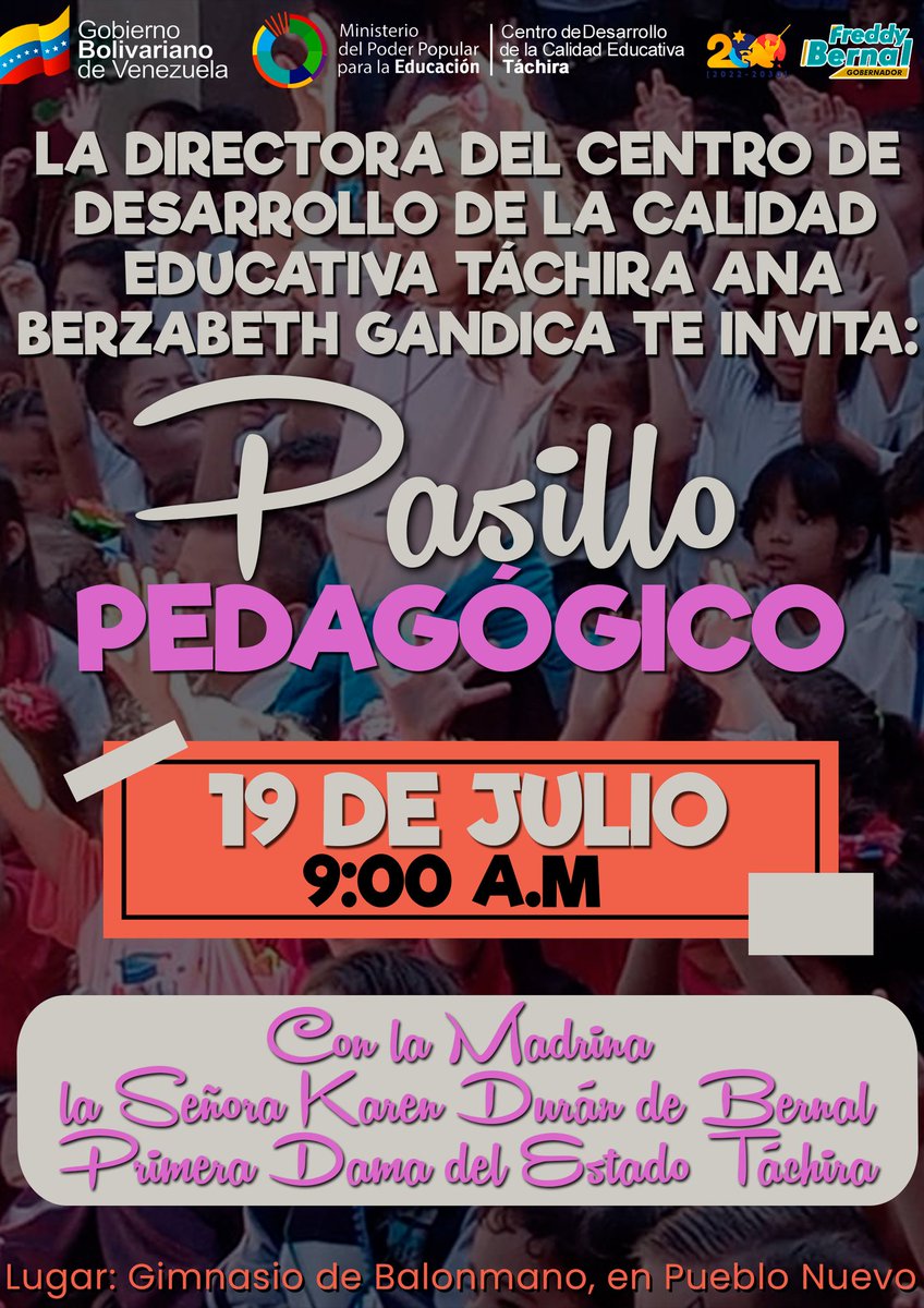 #18Jul ¡Pasillo pedagógico! 

Este 19 de julio a partir de las 9:00 a.m. en el gimnasio de balonmano, tendremos las muestras de los trabajos nuestros/as niños/as de la patria.

#PoesíaCantoALaHumildad <a href="/NicolasMaduro/">Nicolás Maduro</a> <a href="/_LaAvanzadora/">Yelitze Santaella</a> @MPPEDUCACION <a href="/Mippcivzla/">mippci</a>