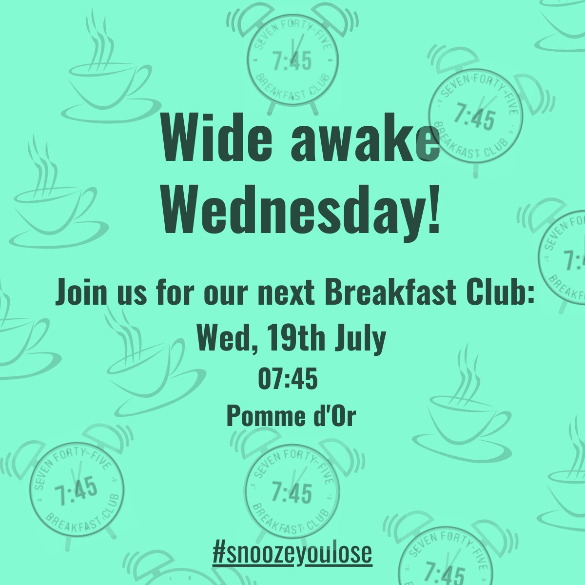 Set your alarm for Brekkie Club time!
See you bright and breezy in the morning for the last meeting till September.
#snoozeyoulose
@PommedOrHotel