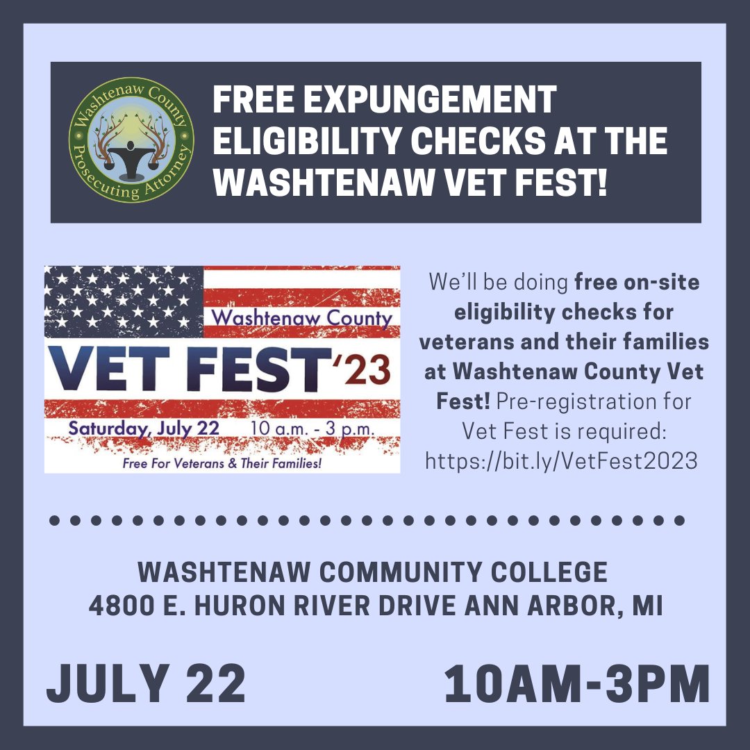 We’ll be doing free on-site eligibility checks for veterans and their families at Washtenaw County Vet Fest! Pre-registration for Vet Fest is required: bit.ly/VetFest2023