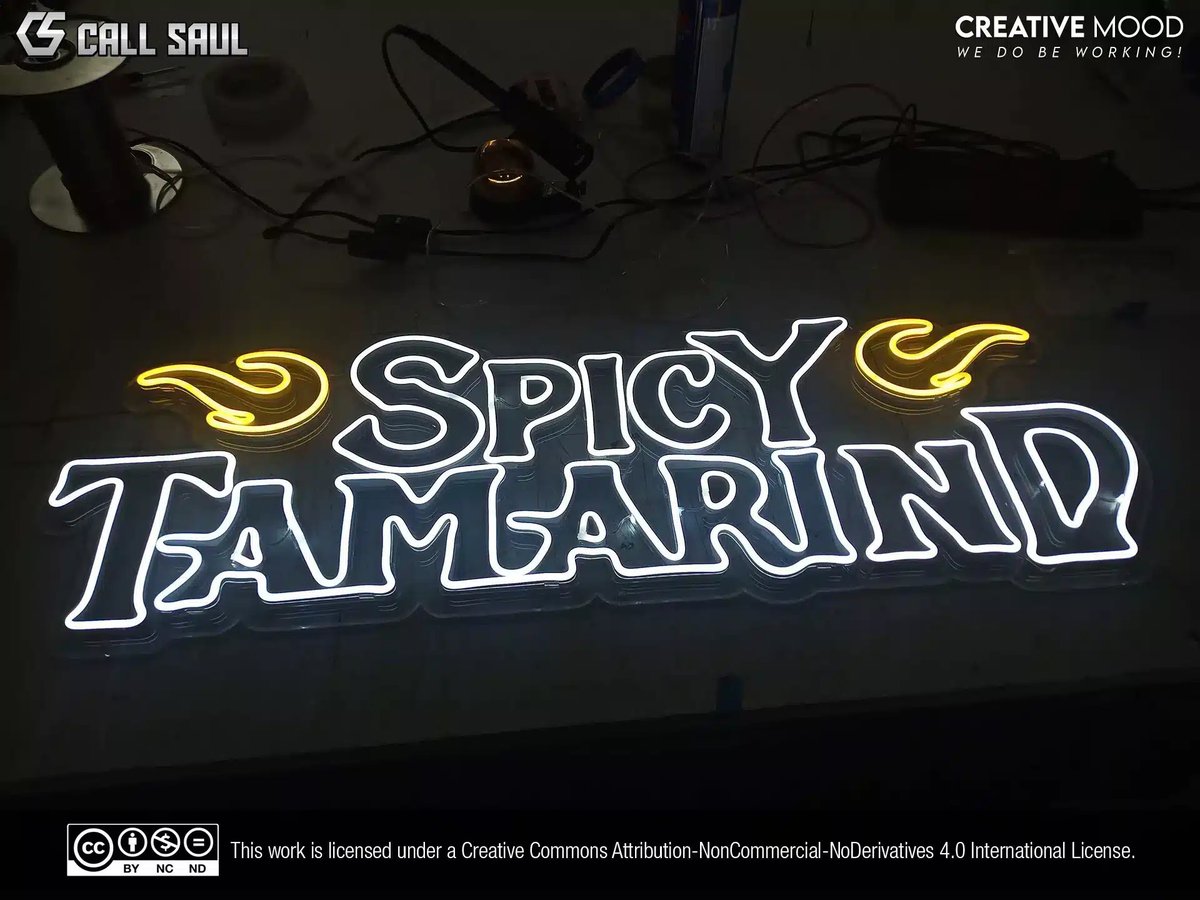 We made this "Spicy Tamarind" LED Neon Sign in the colors white and yellow. We mounted it on cut-to-shape clear acrylic support.
Looking to get a Custom LED Neon Sign like this? Find us on our social medias. 
#CallSaul #CreativeMood #LEDNeonSigns

callsaul.us/portfolio-item…