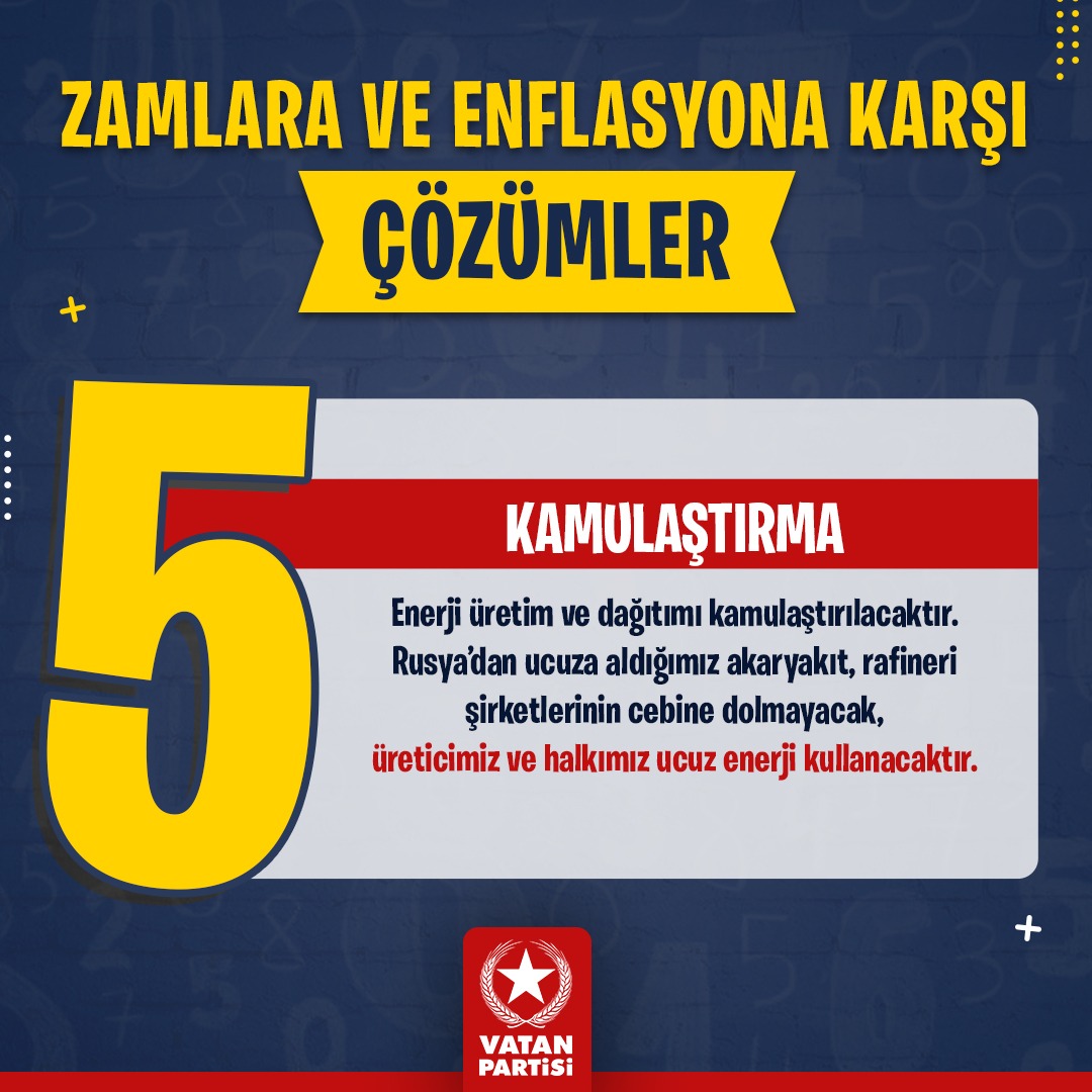 ÇÖZÜM – 5 KAMULAŞTIRMA

Enerji üretim ve dağıtımı kamulaştırılacaktır. Rusya’dan ucuza aldığımız akaryakıt, rafineri şirketlerinin cebine dolmayacak, üreticimiz ve halkımız ucuz enerji kullanacaktır.