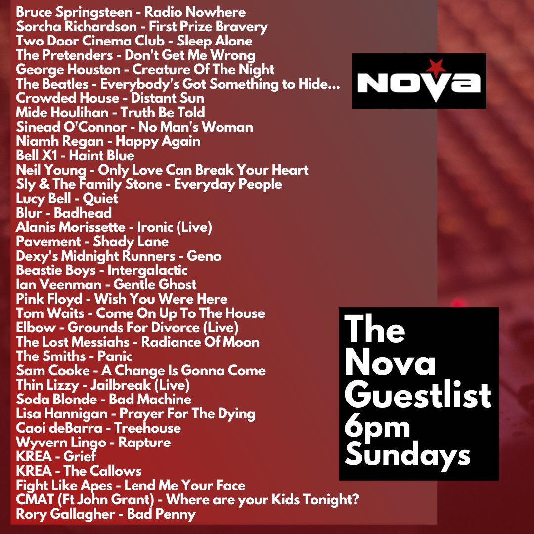 🚨All the great songs played on the #NovaGuestlist, including @Krea_Music joining us for the ALL-IRISH hour; & first plays for @CMATbaby, @CaoideBarra, & @SodaBlonde!💚 📻Listen back Now on nova.ie/radio-schedule… or 6pm Sundays on @RadioNova100! #IndieMusic #IrishMusicParty