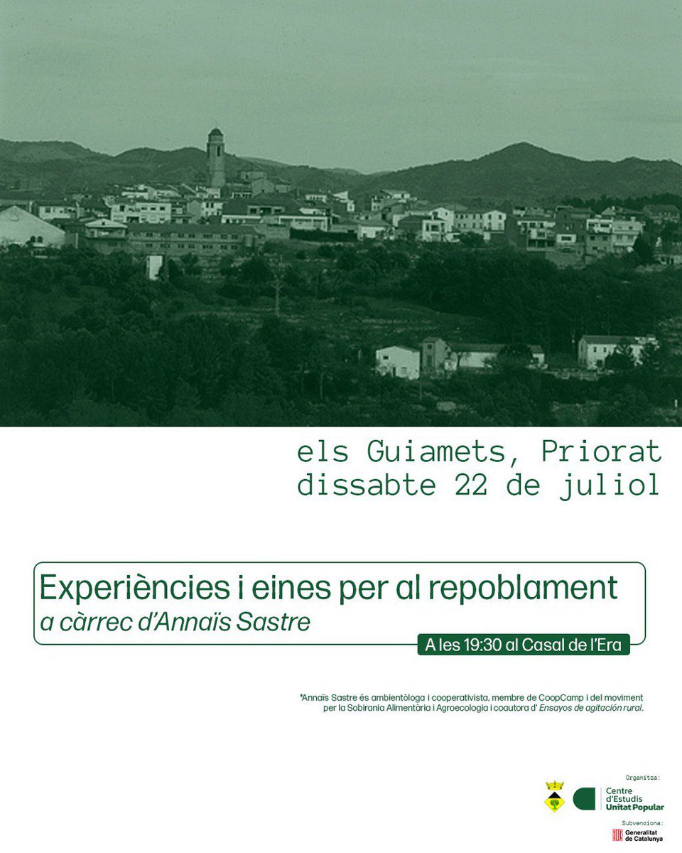 🌱✨ ELS GUIAMETS

Comunitats rurals i el despoblament als Guiamets (Priorat).

Una xerrada a càrrec d'Annaïs Sastre, on coneixerem eines per un repoblament lligat al territori. I experiències que permetin la fixació de població local.

📍 19:30 al Casal de l'Era. Us ho perdreu?