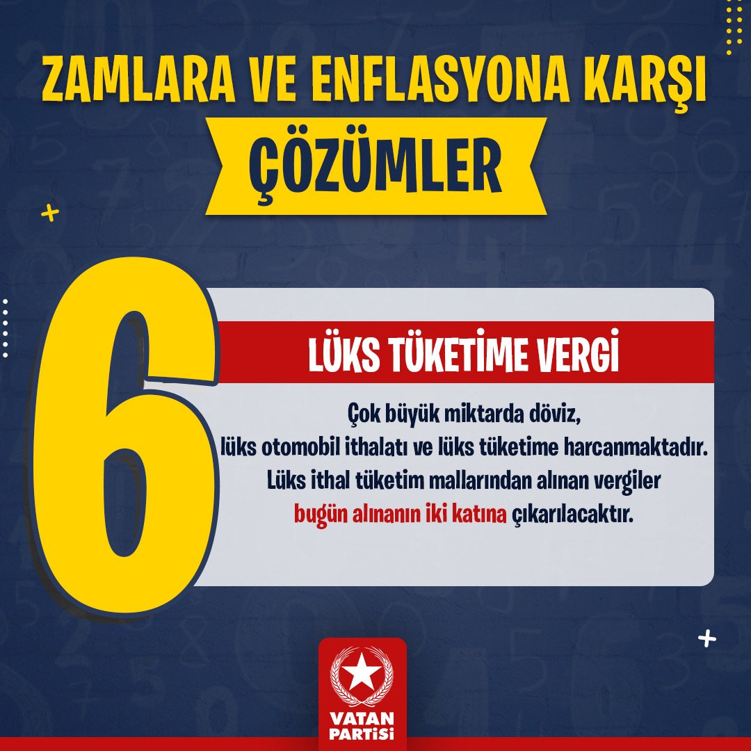 ÇÖZÜM – 6 LÜKS TÜKETİME VERGİ

Çok büyük miktarda döviz, lüks otomobil ithalatı ve lüks tüketime harcanmaktadır. Lüks ithal tüketim mallarından alınan vergiler bugün alınanın iki katına çıkarılacaktır.
