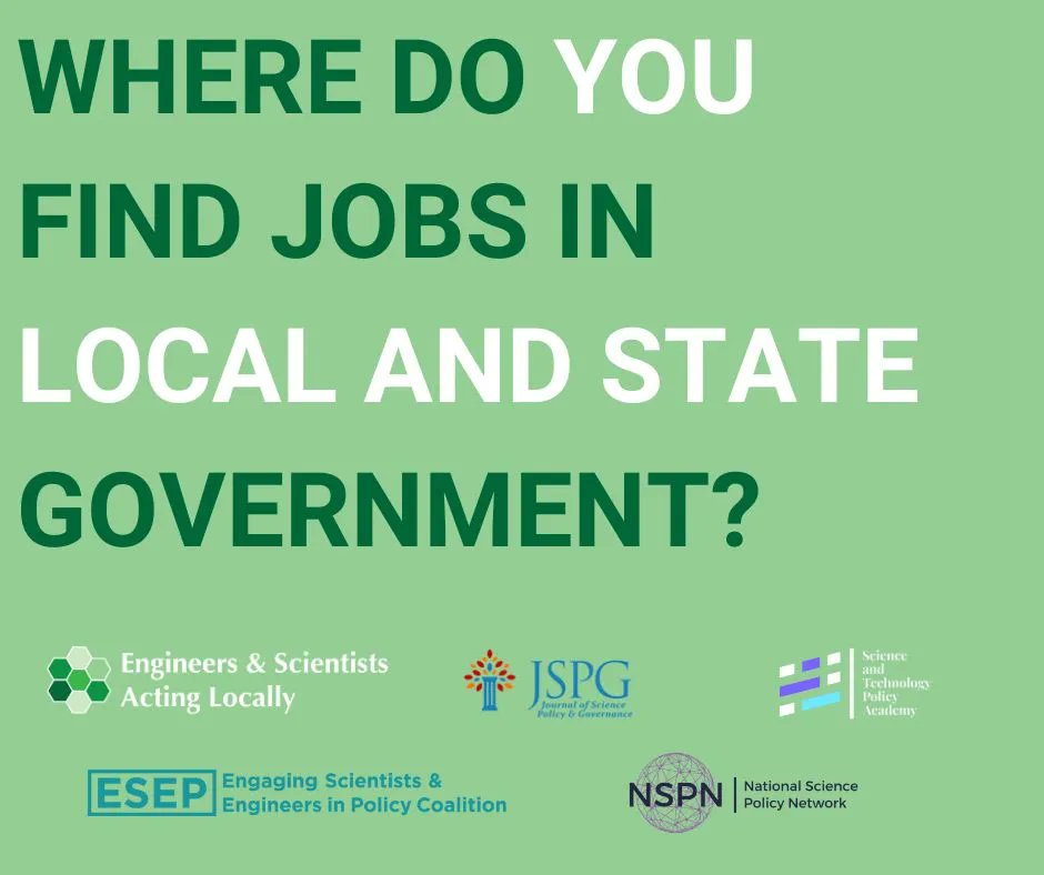 ESAL_us's tweet photo. Local governments need more scientists and engineers like you! We're compiling a list of local @SciPolJobs career resources and we want YOU to share suggestions for job boards and fellowships by commenting on this post or by using the hashtag #LocalSTEMJobs. https://t.co/zGjEFpAX90